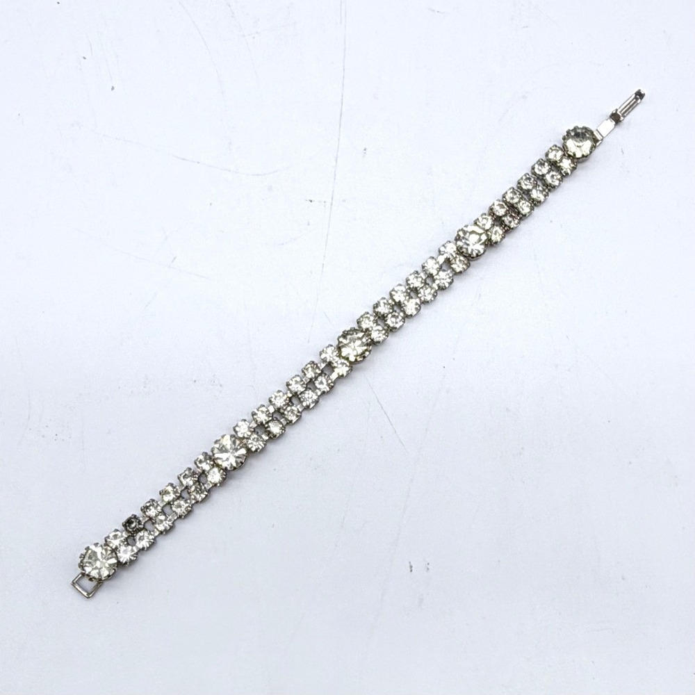 Vintage Rhinestone Tennis Bracelet Double Row Silver Tone Clear Crystal 7 Inch